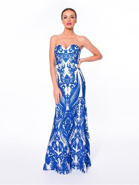 Forever Unique Strapless White Gown with Blue Baroque Print
